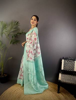 cyan blue Silk blend floral motifs coppery tone banarasi saree 2