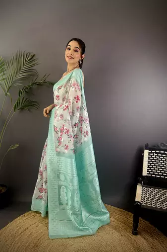 cyan blue Silk blend floral motifs coppery tone banarasi saree