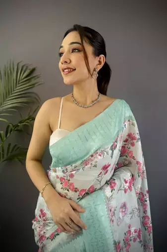 cyan blue Silk blend floral motifs coppery tone banarasi saree