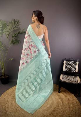 cyan blue Silk blend floral motifs coppery tone banarasi saree 4