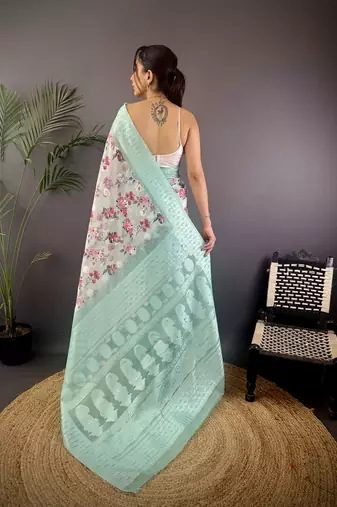 cyan blue Silk blend floral motifs coppery tone banarasi saree