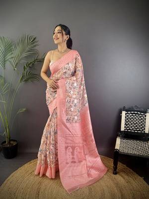 rose pink Silk blend floral motifs coppery tone banarasi saree 1