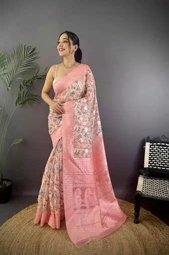 rose pink Silk blend floral motifs coppery tone banarasi saree