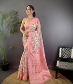 rose pink Silk blend floral motifs coppery tone banarasi saree