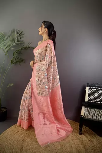 rose pink Silk blend floral motifs coppery tone banarasi saree