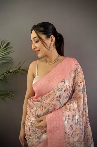 rose pink Silk blend floral motifs coppery tone banarasi saree
