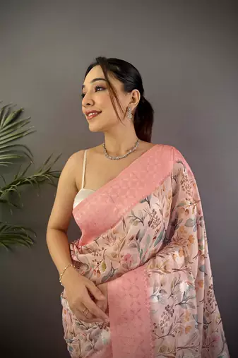 rose pink Silk blend floral motifs coppery tone banarasi saree
