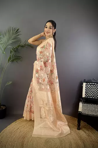 beige Silk blend floral motifs coppery tone banarasi saree