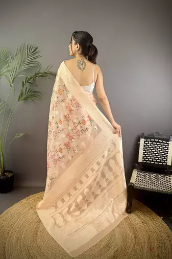 beige Silk blend floral motifs coppery tone banarasi saree
