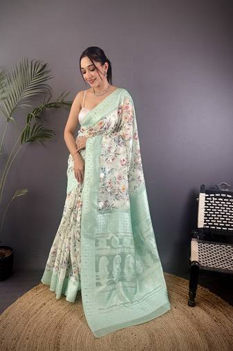 cyan blue Silk blend floral motifs coppery tone banarasi saree