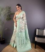 cyan blue Silk blend floral motifs coppery tone banarasi saree