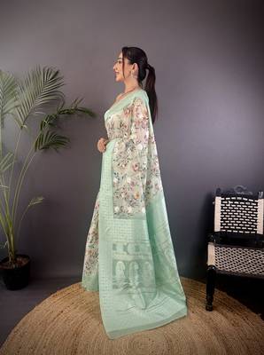 cyan blue Silk blend floral motifs coppery tone banarasi saree 2