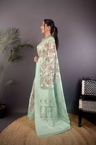 cyan blue Silk blend floral motifs coppery tone banarasi saree