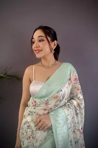 cyan blue Silk blend floral motifs coppery tone banarasi saree