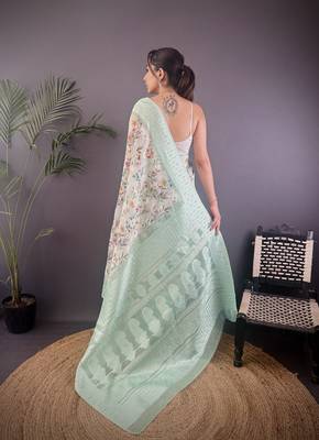 cyan blue Silk blend floral motifs coppery tone banarasi saree 4