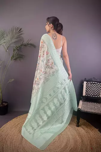cyan blue Silk blend floral motifs coppery tone banarasi saree