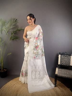 white Silk blend floral motifs coppery tone banarasi saree 1