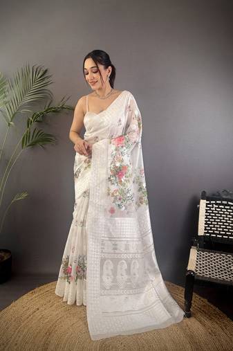white Silk blend floral motifs coppery tone banarasi saree