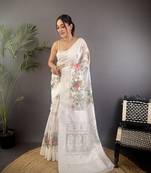 white Silk blend floral motifs coppery tone banarasi saree