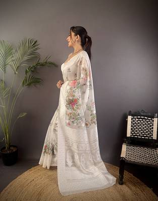 white Silk blend floral motifs coppery tone banarasi saree 2