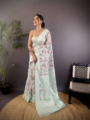 sky blue Silk blend floral motifs coppery tone banarasi saree 1
