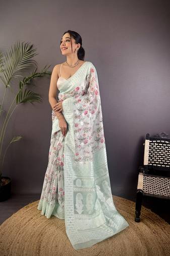 sky blue Silk blend floral motifs coppery tone banarasi saree