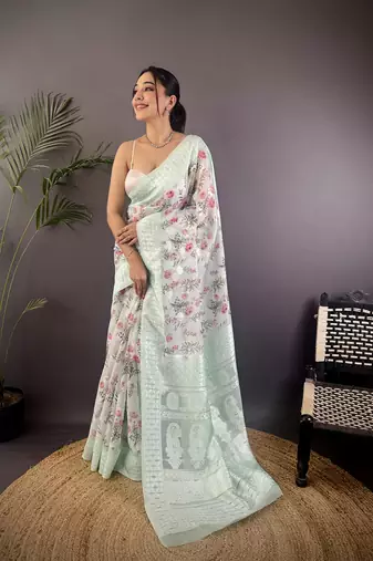 sky blue Silk blend floral motifs coppery tone banarasi saree