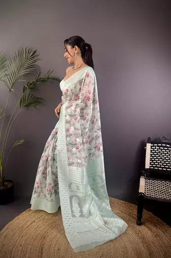 sky blue Silk blend floral motifs coppery tone banarasi saree