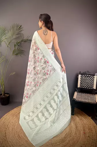 sky blue Silk blend floral motifs coppery tone banarasi saree