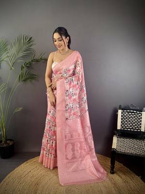 baby pink Silk blend floral motifs coppery tone banarasi saree 1