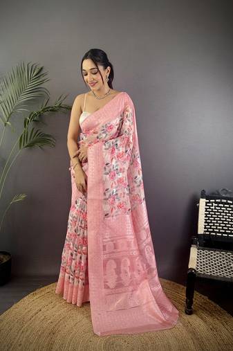 baby pink Silk blend floral motifs coppery tone banarasi saree