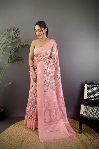 baby pink Silk blend floral motifs coppery tone banarasi saree