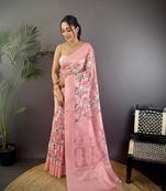 baby pink Silk blend floral motifs coppery tone banarasi saree