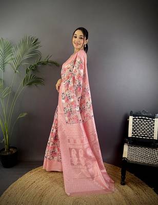 baby pink Silk blend floral motifs coppery tone banarasi saree 2