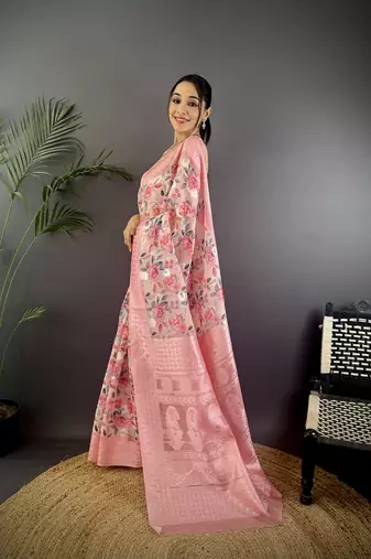 baby pink Silk blend floral motifs coppery tone banarasi saree