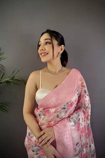 baby pink Silk blend floral motifs coppery tone banarasi saree