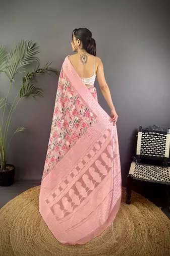 baby pink Silk blend floral motifs coppery tone banarasi saree