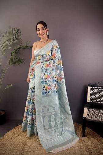 grey Silk blend floral motifs coppery tone banarasi saree