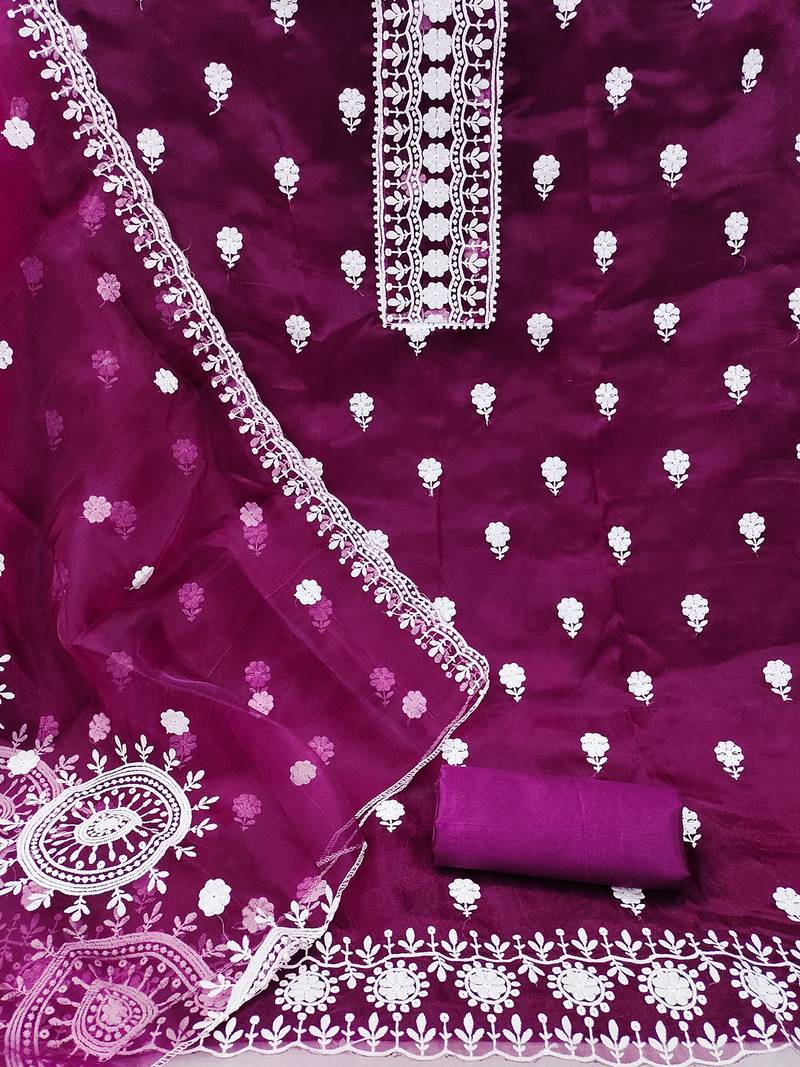unstitched dress material with white floral embroidery & organza dupatta