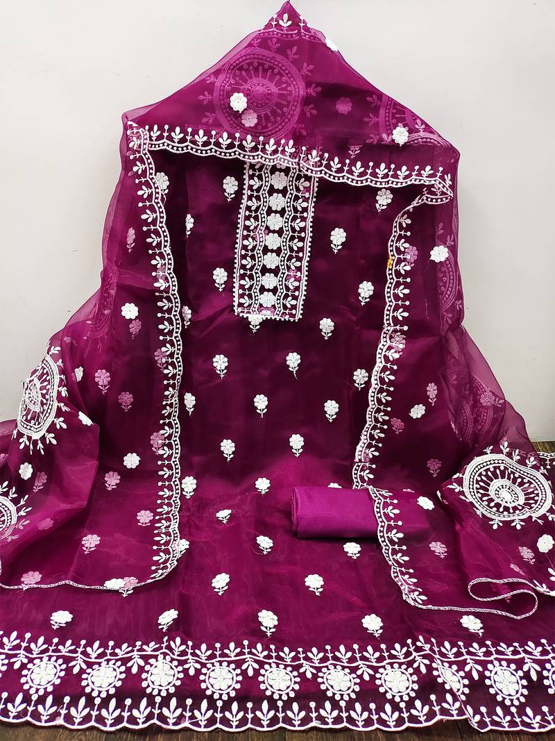 unstitched dress material with white floral embroidery & organza dupatta