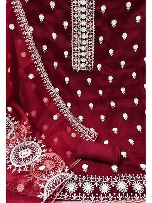 unstitched dress material with white floral embroidery & organza dupatta 2