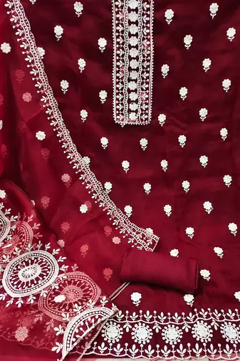 unstitched dress material with white floral embroidery & organza dupatta