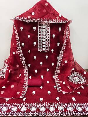 unstitched dress material with white floral embroidery & organza dupatta 3