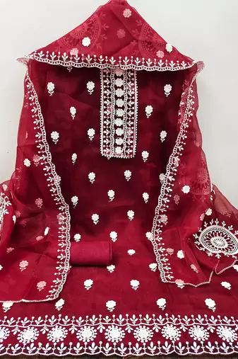 unstitched dress material with white floral embroidery & organza dupatta