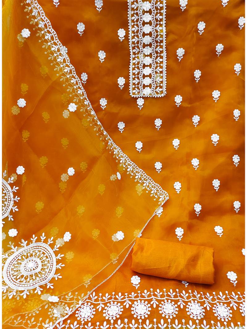 unstitched dress material with white floral embroidery & organza dupatta