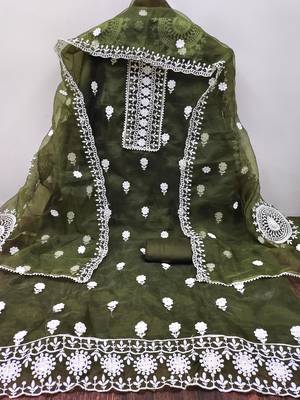 unstitched dress material with white floral embroidery & organza dupatta 2