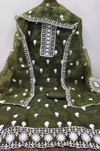 unstitched dress material with white floral embroidery & organza dupatta