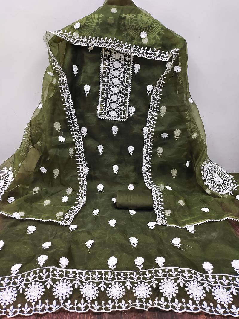 unstitched dress material with white floral embroidery & organza dupatta