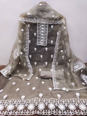 unstitched dress material with white floral embroidery & organza dupatta 2