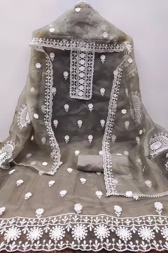 unstitched dress material with white floral embroidery & organza dupatta